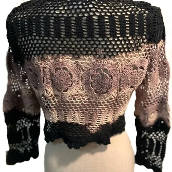 💕🆕 Handmade Tie-Dyed Crochet Shrug | Light French Brown & Black | 100% Cotton - Picture 3 of 3